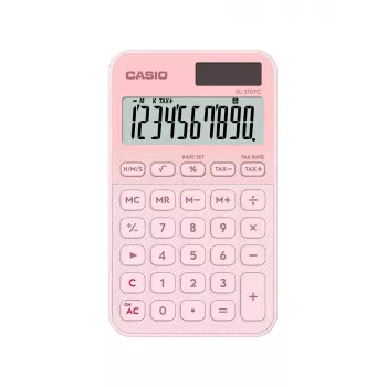 Calculadora básica de bolso CASIO SL-310YC — 10 dígitos, pilha/solar, funções de imposto e margem, rosa-claro