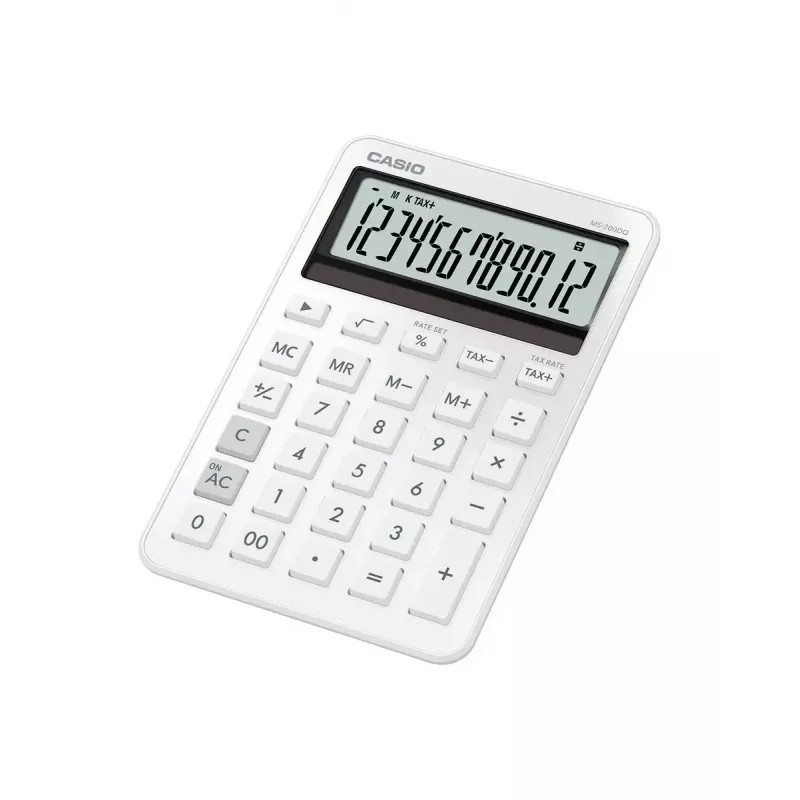Calculadora de secretária básica CASIO MS-200DQ 12 dígitos, pilha/solar, funções de imposto e margem, branca