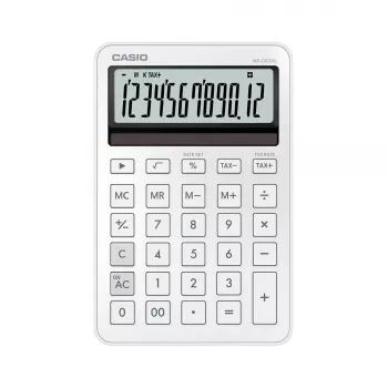 Calculadora de secretária básica CASIO MS-200DQ 12 dígitos, pilha/solar, funções de imposto e margem, branca
