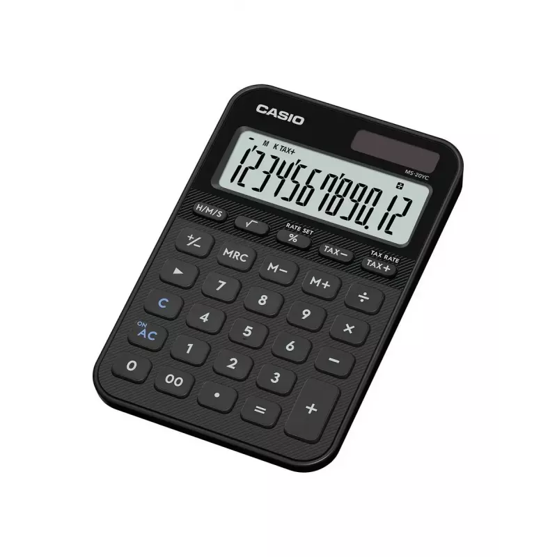 Calculadora de secretária CASIO MS-20YC — modelo básico, pilha/solar, cálculo de imposto e margem, preta