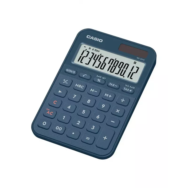 Calculadora de secretária básica CASIO MS-20YC — 12 dígitos, funções de imposto e margem, pilha/solar, azul-marinho