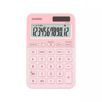 Calculadora de secretária básica CASIO MS-20YC — 12 dígitos, funções de imposto e margem, pilha/solar, rosa-claro