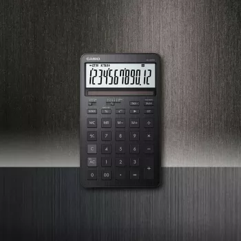 Calculadora de secretária CASIO JW-200DQ – básica, 12 dígitos, funções de imposto e margem, pilha/solar, preta