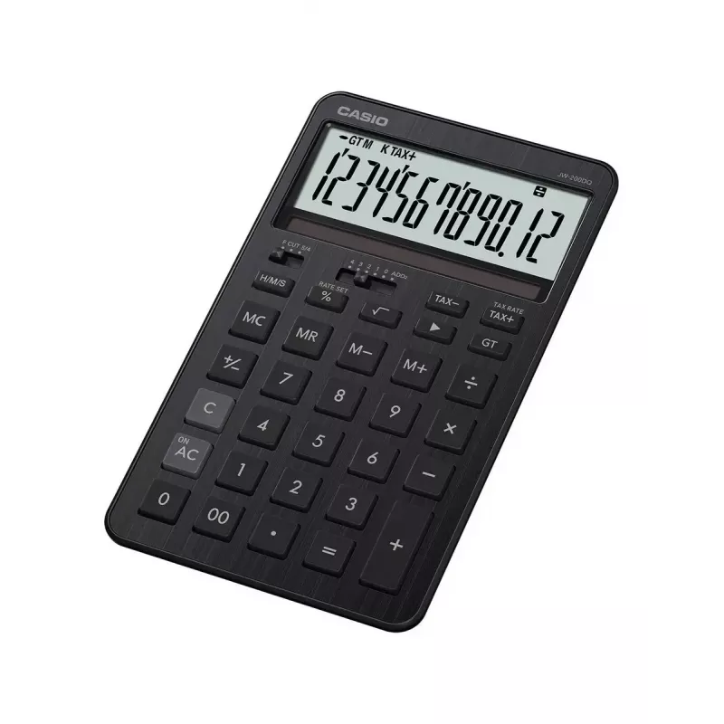 Calculadora de secretária CASIO JW-200DQ – básica, 12 dígitos, funções de imposto e margem, pilha/solar, preta