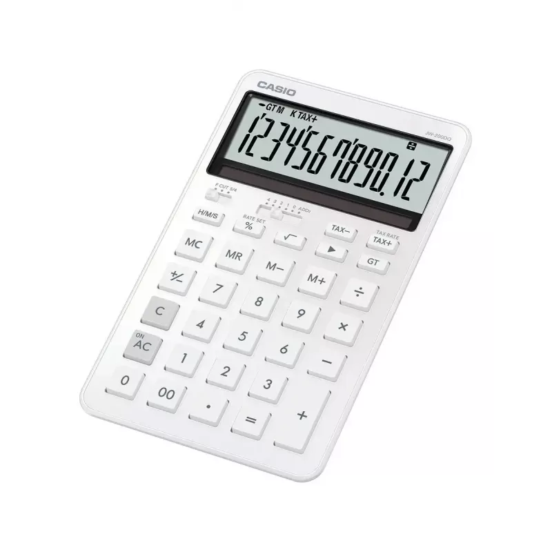 Calculadora de secretária CASIO JW-200DQ calculadora básica de 12 dígitos, pilha/solar, funções de imposto e margem, branca