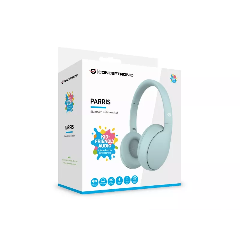 Headset CONCEPTRONIC PARRIS04B — auscultadores infantis Bluetooth e com fios, circumaurais, 20–20.000 Hz, 170 g, azul-claro