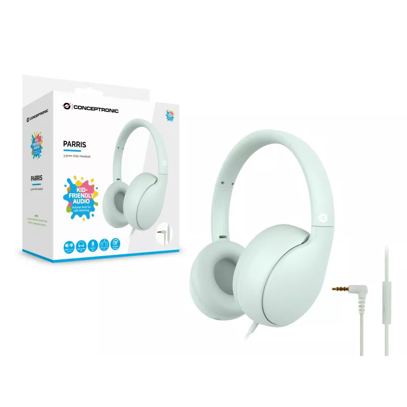 Auscultadores infantis com fios CONCEPTRONIC PARRIS04GT — 3,5 mm, circumaurais, 20–20000 Hz, cabo de 1,6 m, verde-claro