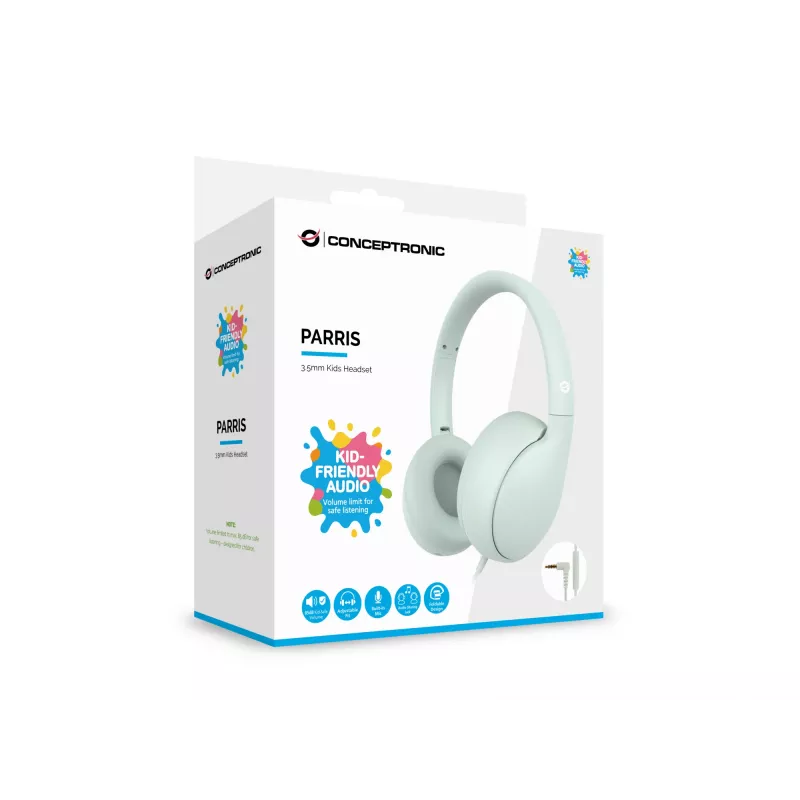 Auscultadores infantis com fios CONCEPTRONIC PARRIS04GT — 3,5 mm, circumaurais, 20–20000 Hz, cabo de 1,6 m, verde-claro