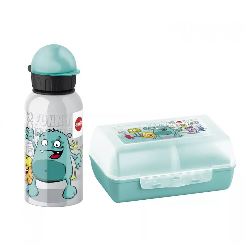 EMSA 518138 Kids Set Monster, garrafa de 0,4 l com lancheira, turquesa