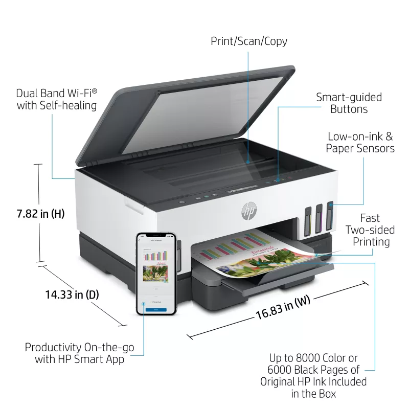 Impressora HP Smart Tank, jato de tinta térmico, impressão a cores, 4800 x 1200 DPI, A4, impressão direta, cinzento