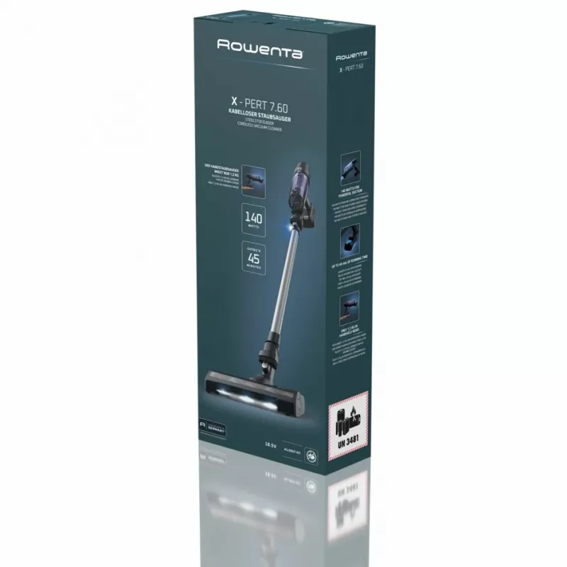 Aspirador vertical 2-em-1 Rowenta RH6A35 — sem fios, iões de lítio, 140 W, sem saco, tecnologia ciclónica, lilás/prateado, escova LED