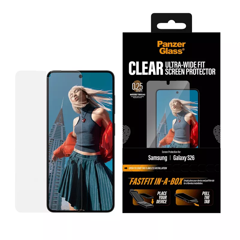Proteção de ecrã PanzerGlass para Samsung New Galaxy S 2026 — Ultra-Wide Fit, PET+silicone, FASTFIT