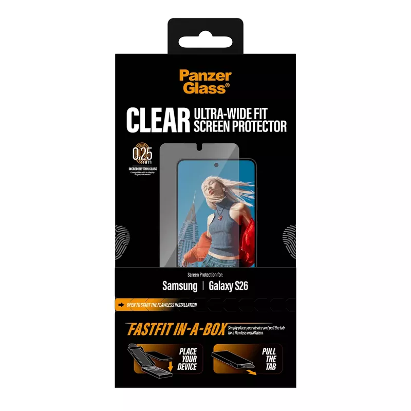 Proteção de ecrã PanzerGlass para Samsung New Galaxy S 2026 — Ultra-Wide Fit, PET+silicone, FASTFIT
