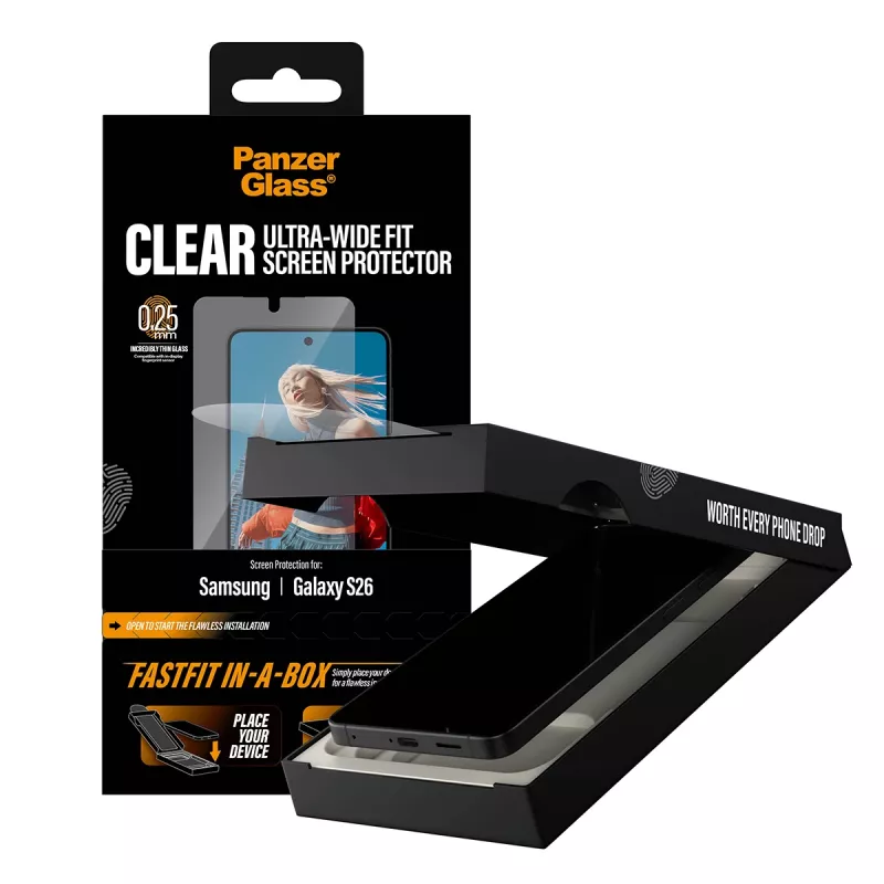 Proteção de ecrã PanzerGlass para Samsung New Galaxy S 2026 — Ultra-Wide Fit, PET+silicone, FASTFIT