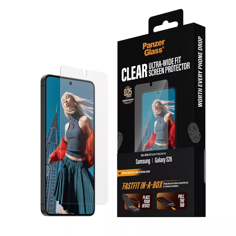 Proteção de ecrã PanzerGlass para Samsung New Galaxy S 2026 — Ultra-Wide Fit, PET+silicone, FASTFIT
