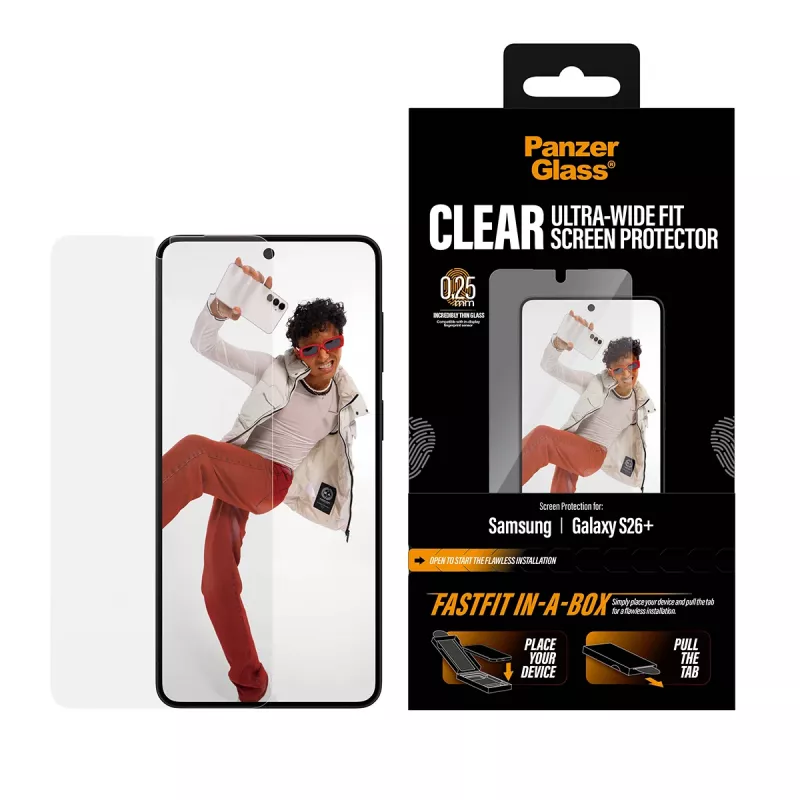 Película de proteção de ecrã PanzerGlass para Samsung New Galaxy S 2026 Plus — Ultra-Wide Fit, PET+silicone, FASTFIT