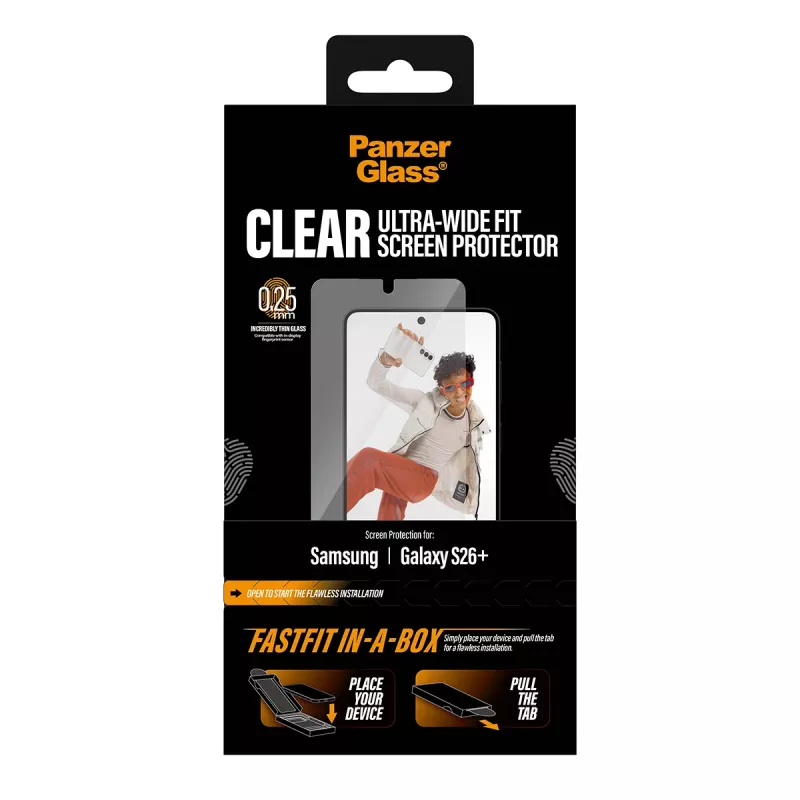 Película de proteção de ecrã PanzerGlass para Samsung New Galaxy S 2026 Plus — Ultra-Wide Fit, PET+silicone, FASTFIT