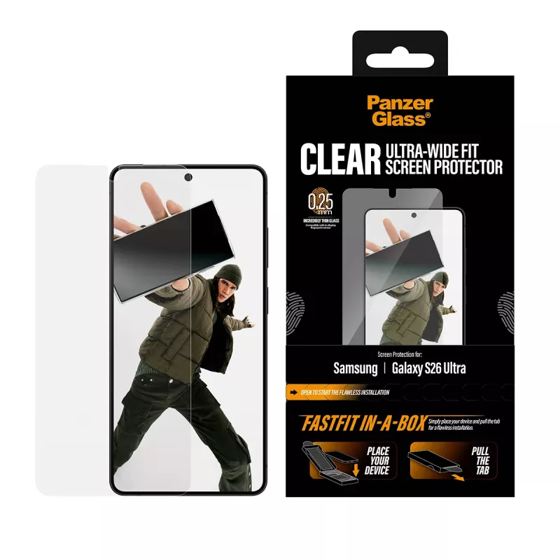 Proteção de ecrã PanzerGlass para Samsung New Galaxy S2026 Ultra — película PET ultra-wide, FASTFIT, transparente