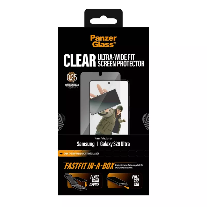 Proteção de ecrã PanzerGlass para Samsung New Galaxy S2026 Ultra — película PET ultra-wide, FASTFIT, transparente