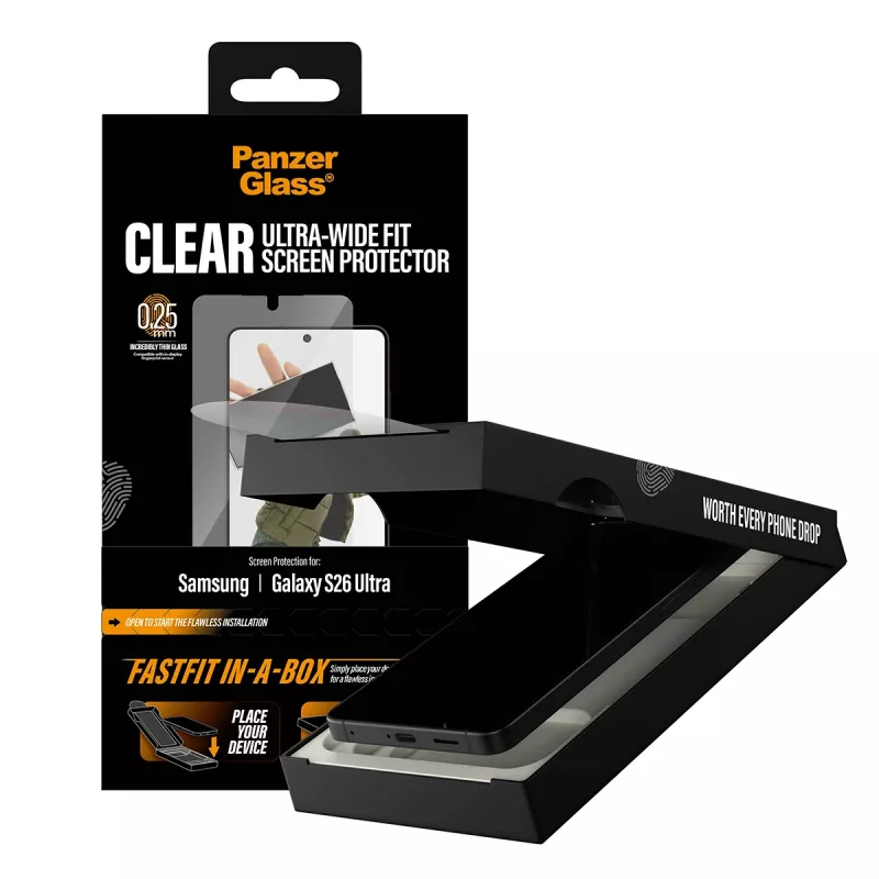 Proteção de ecrã PanzerGlass para Samsung New Galaxy S2026 Ultra — película PET ultra-wide, FASTFIT, transparente