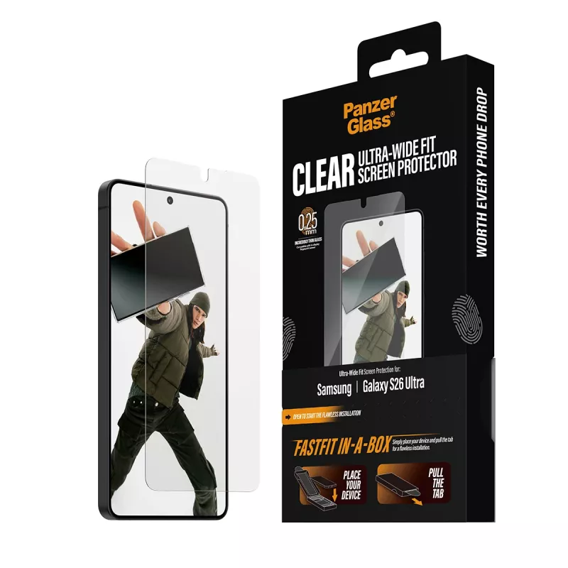 Proteção de ecrã PanzerGlass para Samsung New Galaxy S2026 Ultra — película PET ultra-wide, FASTFIT, transparente