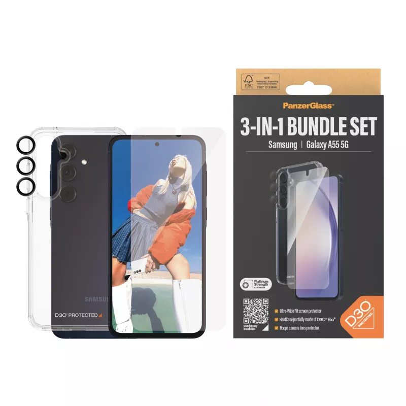 Conjunto de proteção de ecrã PanzerGlass 3-em-1 para Samsung Galaxy A55 5G – Ultra-Wide Fit, EasyAligner, vidro temperado/PET
