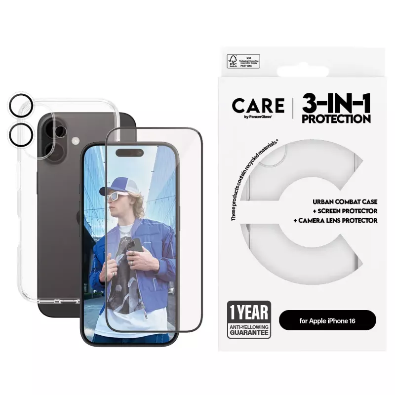PanzerGlass ® | CARE by ® Flagship conjunto 3-em-1 iPhone 16