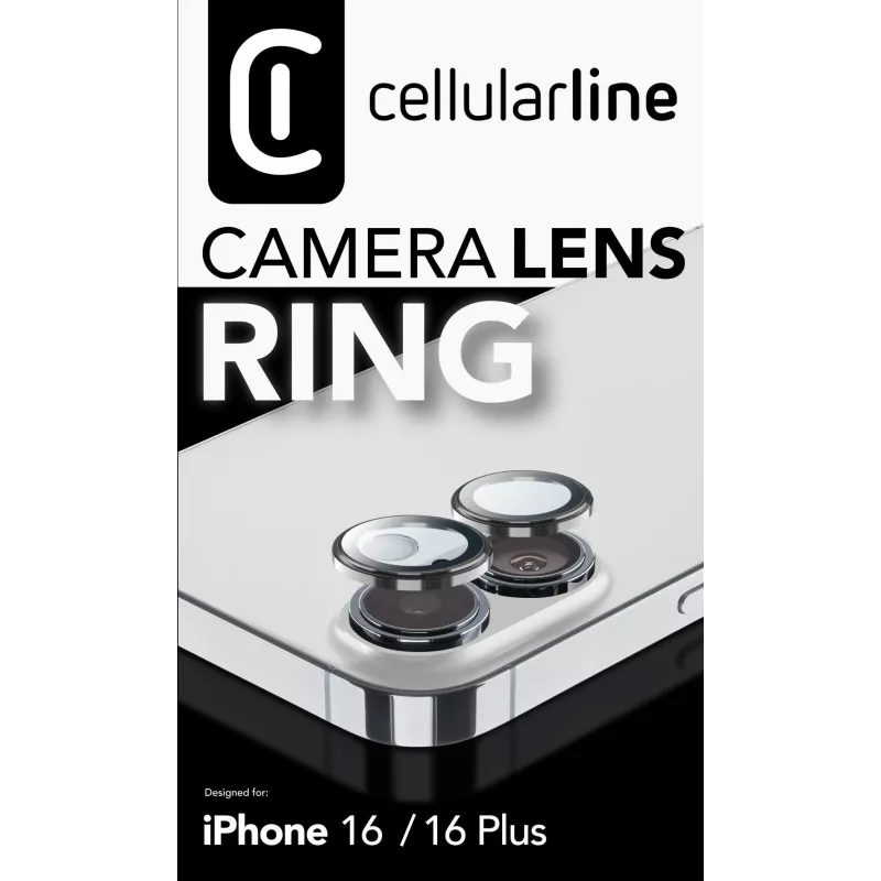 Anel de lente de câmara Cellularline - iPhone 16/16 Plus vidro temperado para proteção da câmara