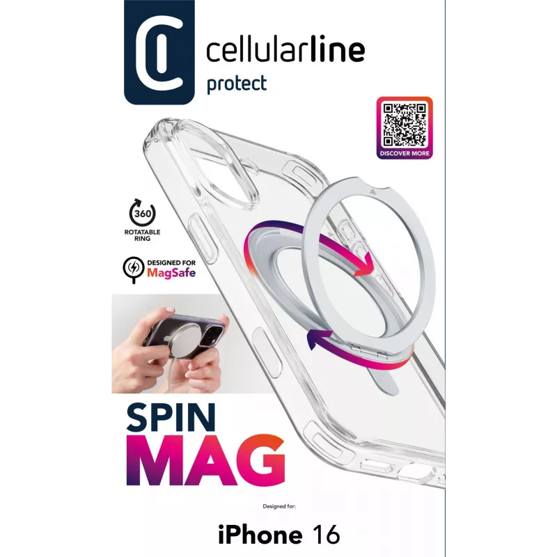 Cellularline Spin Mag - capa para iPhone 16 com anel de suporte rotativo, compatível com o ecossistema Magsafe