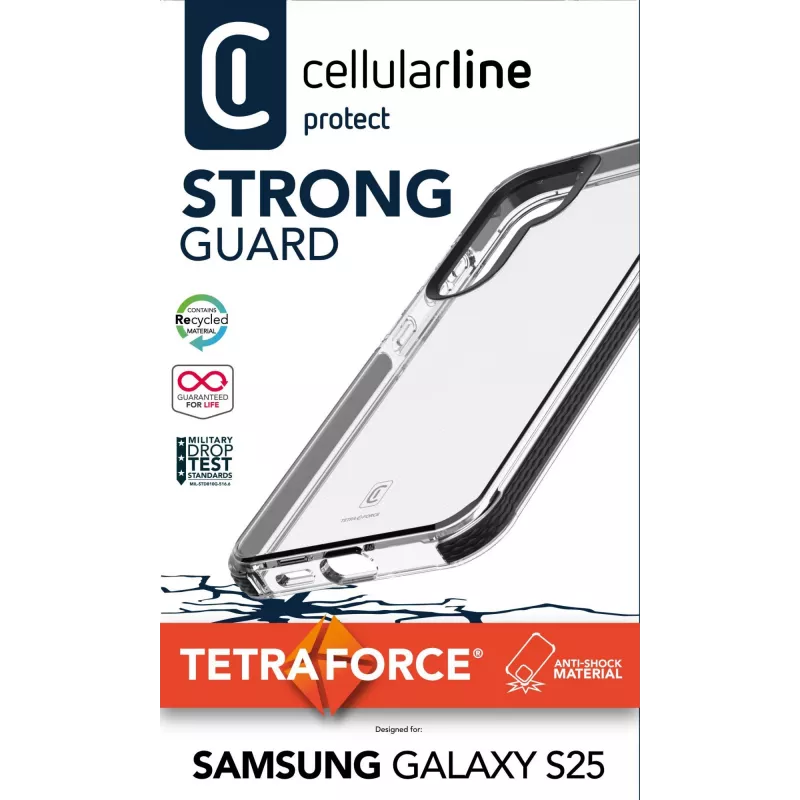 Cellularline Tetra Force Strong Guard - capa flexível protetora e resistente a impactos para Galaxy S25 Ultra com tecnologia antibacteriana Microban® integrada