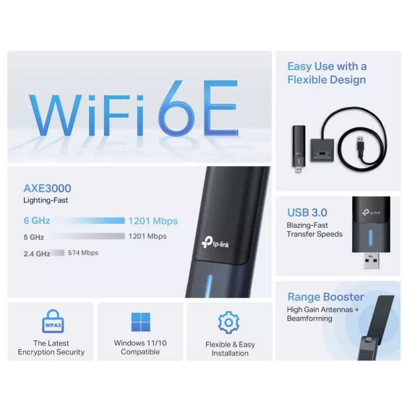 Adaptador USB wireless TP-Link Archer AXE3000 Wi-Fi 6E High Gain