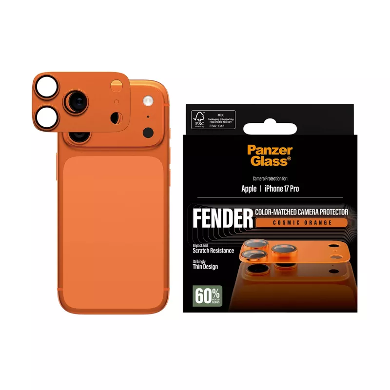 Proteção de câmara PanzerGlass Fender para iPhone 17 Pro — silicone, Cosmic Orange, resistente a riscos e choques