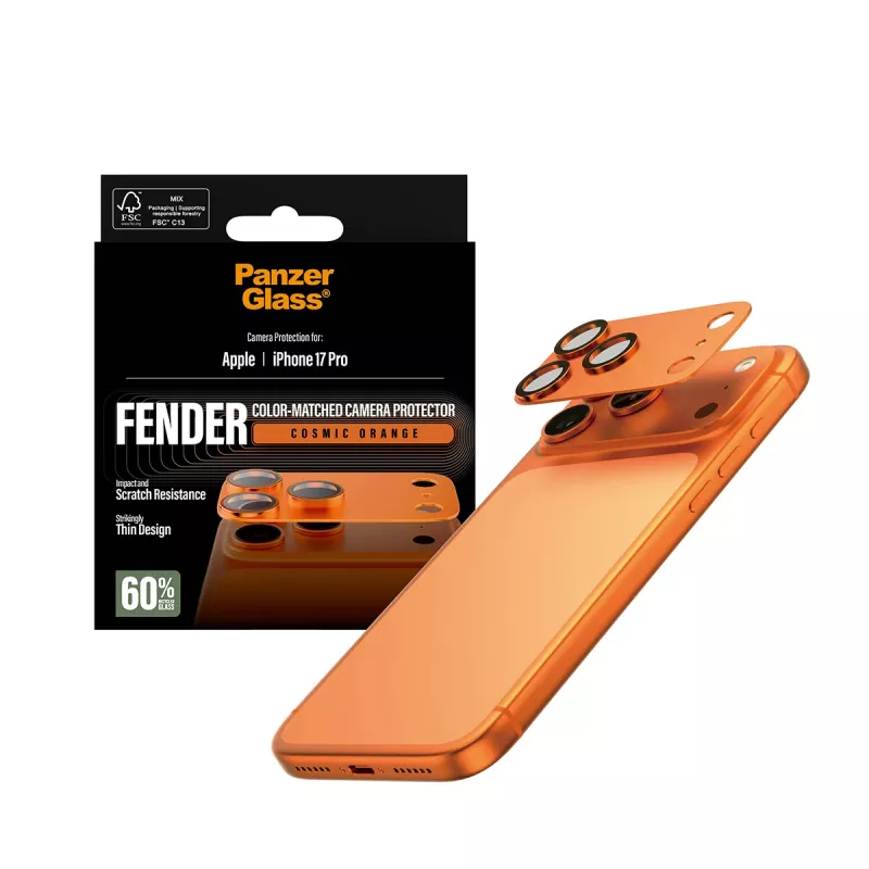 Proteção de câmara PanzerGlass Fender para iPhone 17 Pro — silicone, Cosmic Orange, resistente a riscos e choques