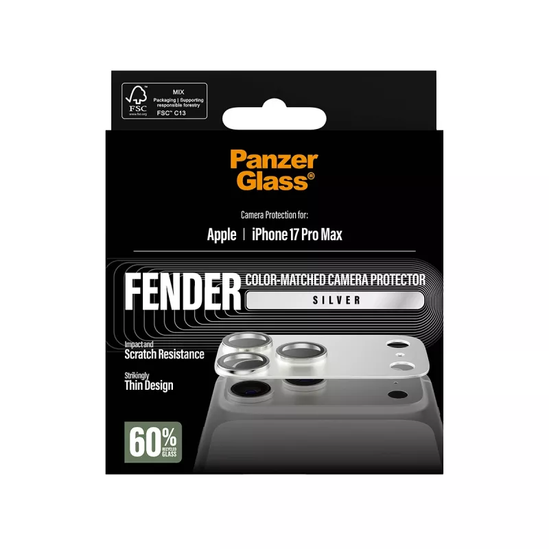 Proteção de câmara PanzerGlass Fender para iPhone 17 Pro Max — silicone, prateado, resistente a riscos e choques
