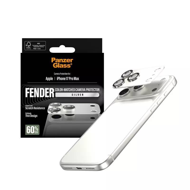 Proteção de câmara PanzerGlass Fender para iPhone 17 Pro Max — silicone, prateado, resistente a riscos e choques