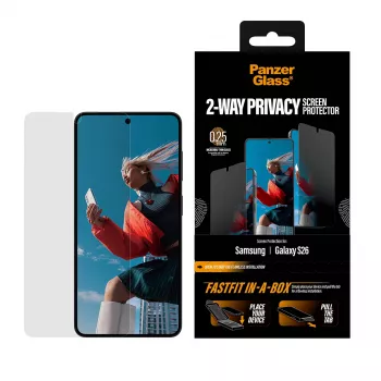 Proteção de ecrã PanzerGlass 2-Way Privacy para Samsung New Galaxy S 2026, Ultra-Wide Fit, PET + silicone, resistente a riscos e choques