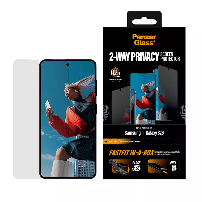 Proteção de ecrã PanzerGlass 2-Way Privacy para Samsung New Galaxy S 2026, Ultra-Wide Fit, PET + silicone, resistente a riscos e choques