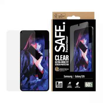 Proteção de ecrã PanzerGlass SAFE by para Samsung New Galaxy S 2026 — Ultra-Wide Fit, PET+silicone, transparente