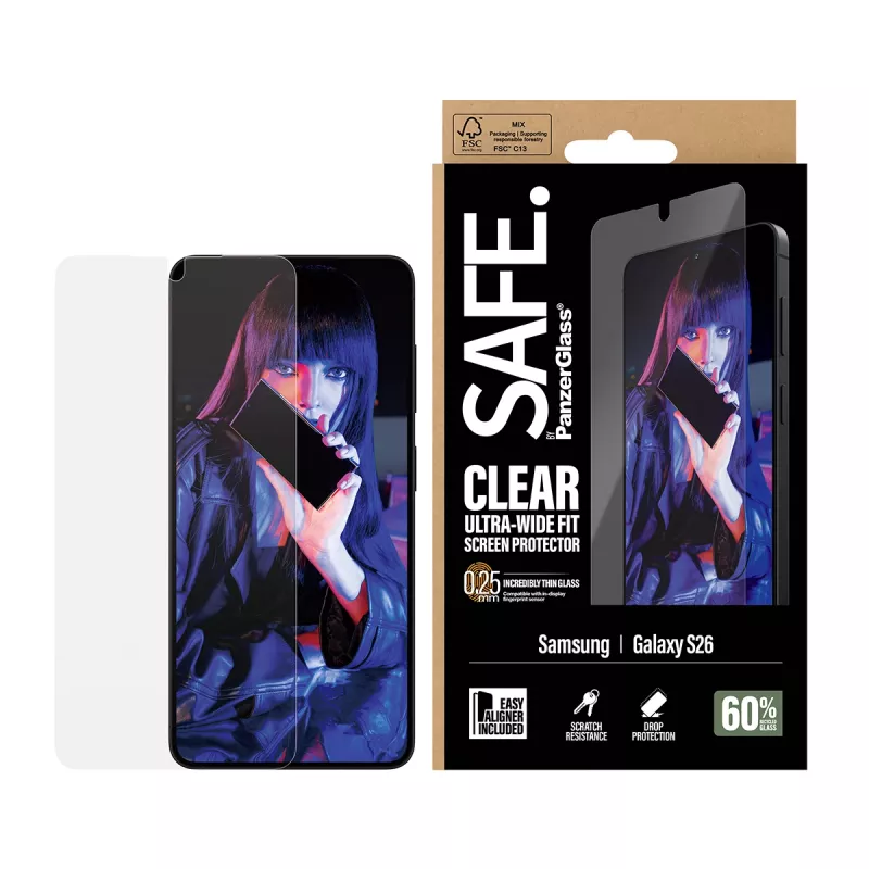 Proteção de ecrã PanzerGlass SAFE by para Samsung New Galaxy S 2026 — Ultra-Wide Fit, PET+silicone, transparente