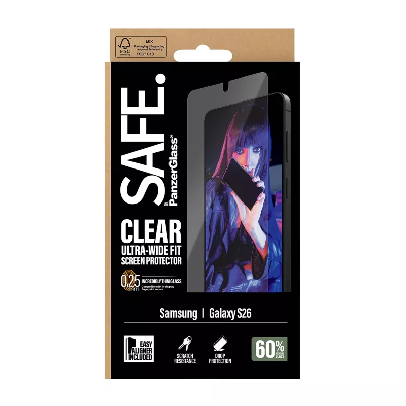 Proteção de ecrã PanzerGlass SAFE by para Samsung New Galaxy S 2026 — Ultra-Wide Fit, PET+silicone, transparente