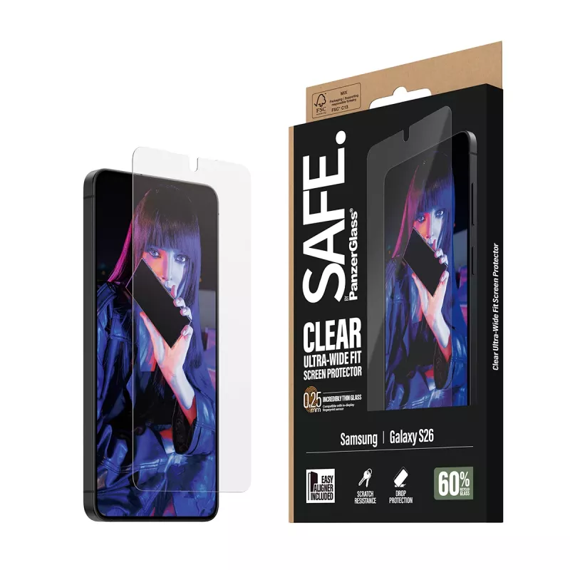 Proteção de ecrã PanzerGlass SAFE by para Samsung New Galaxy S 2026 — Ultra-Wide Fit, PET+silicone, transparente