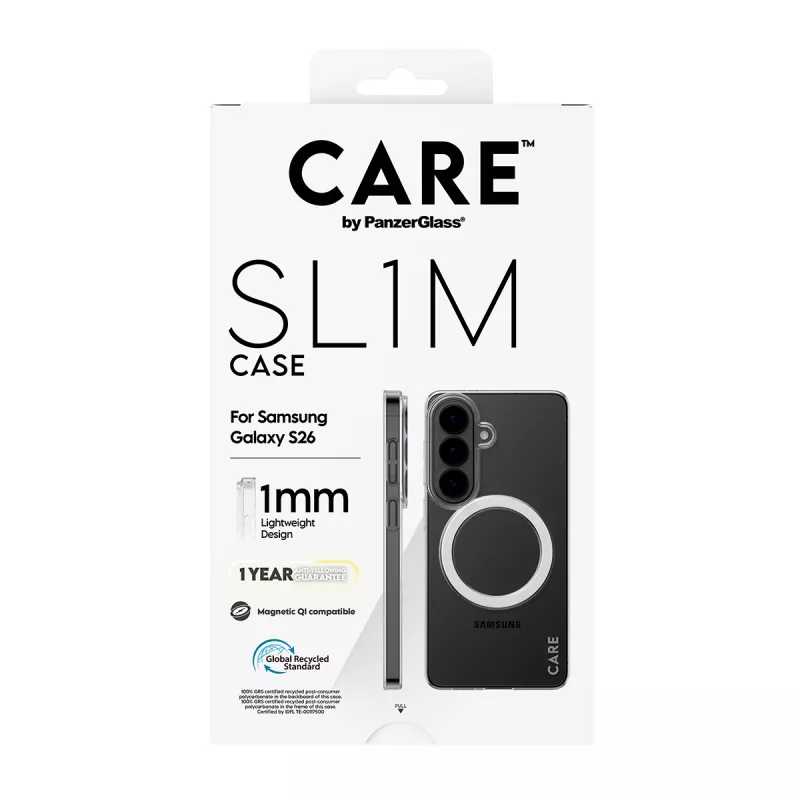 PanzerGlass CARE™ SL1M Capa de proteção transparente com Qi para Samsung Galaxy S26, compatível com ecrãs até 16 cm (6,3 polegadas)