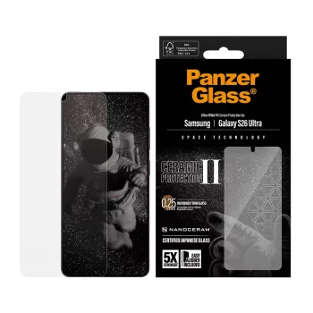 Proteção de ecrã PanzerGlass Ceramic para Samsung Galaxy S26 Ultra — vidro temperado, Ultra-Wide Fit, EasyAligner, transparente