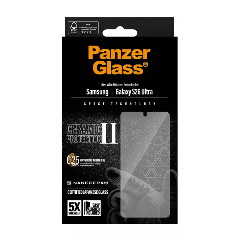 Proteção de ecrã PanzerGlass Ceramic para Samsung Galaxy S26 Ultra — vidro temperado, Ultra-Wide Fit, EasyAligner, transparente