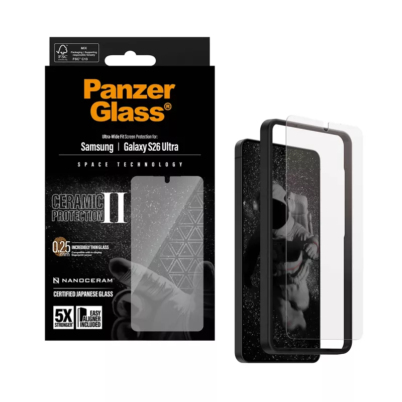 Proteção de ecrã PanzerGlass Ceramic para Samsung Galaxy S26 Ultra — vidro temperado, Ultra-Wide Fit, EasyAligner, transparente