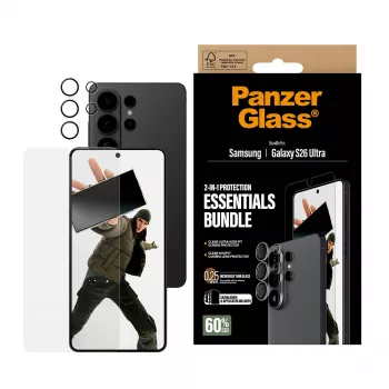 Conjunto de proteção de ecrã PanzerGlass Hoops 2-in-1 para Samsung Galaxy S26 Ultra — vidro temperado + PET, transparente, Ultra-Wide Fit