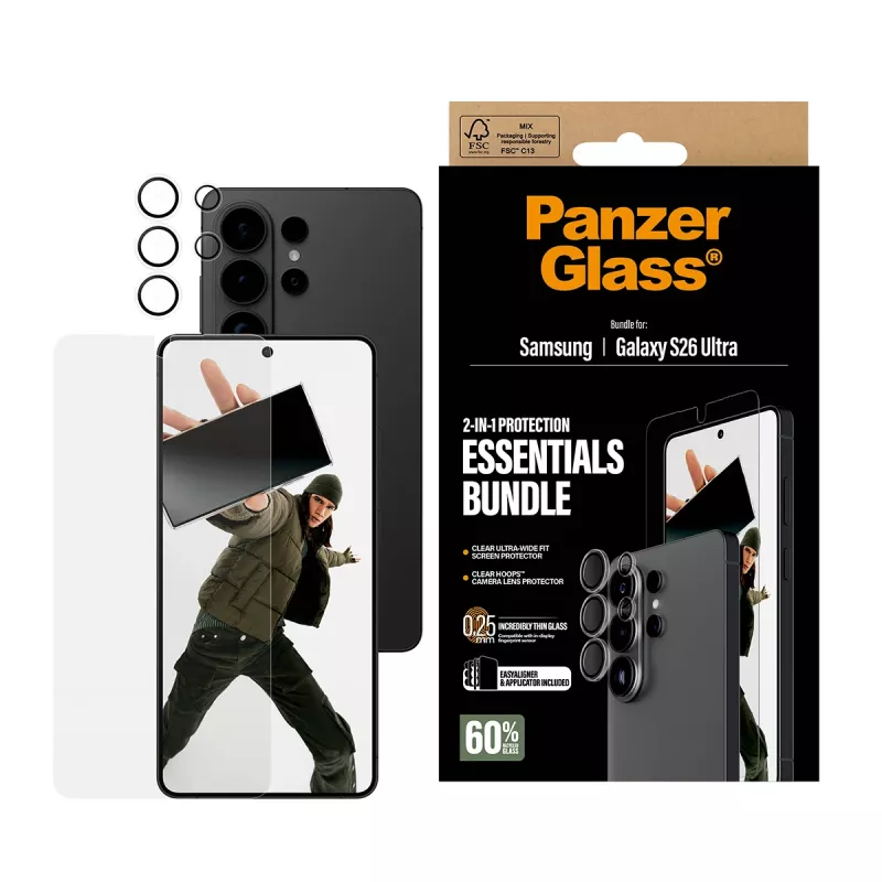 Conjunto de proteção de ecrã PanzerGlass Hoops 2-in-1 para Samsung Galaxy S26 Ultra — vidro temperado + PET, transparente, Ultra-Wide Fit