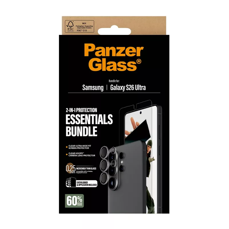 Conjunto de proteção de ecrã PanzerGlass Hoops 2-in-1 para Samsung Galaxy S26 Ultra — vidro temperado + PET, transparente, Ultra-Wide Fit