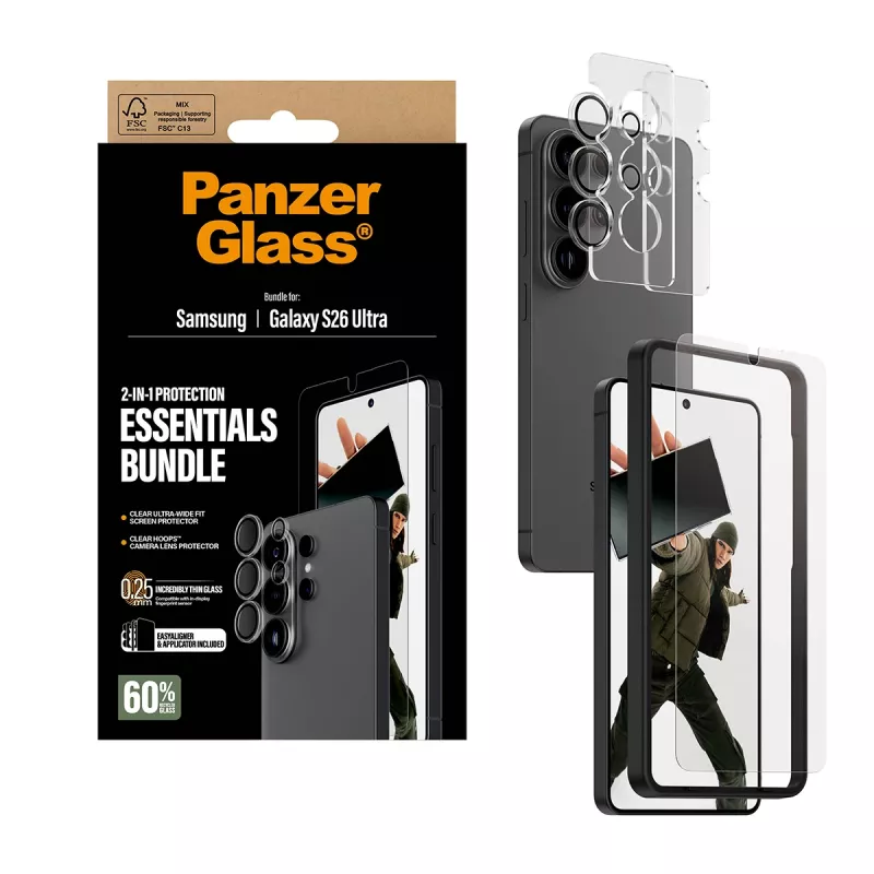 Conjunto de proteção de ecrã PanzerGlass Hoops 2-in-1 para Samsung Galaxy S26 Ultra — vidro temperado + PET, transparente, Ultra-Wide Fit