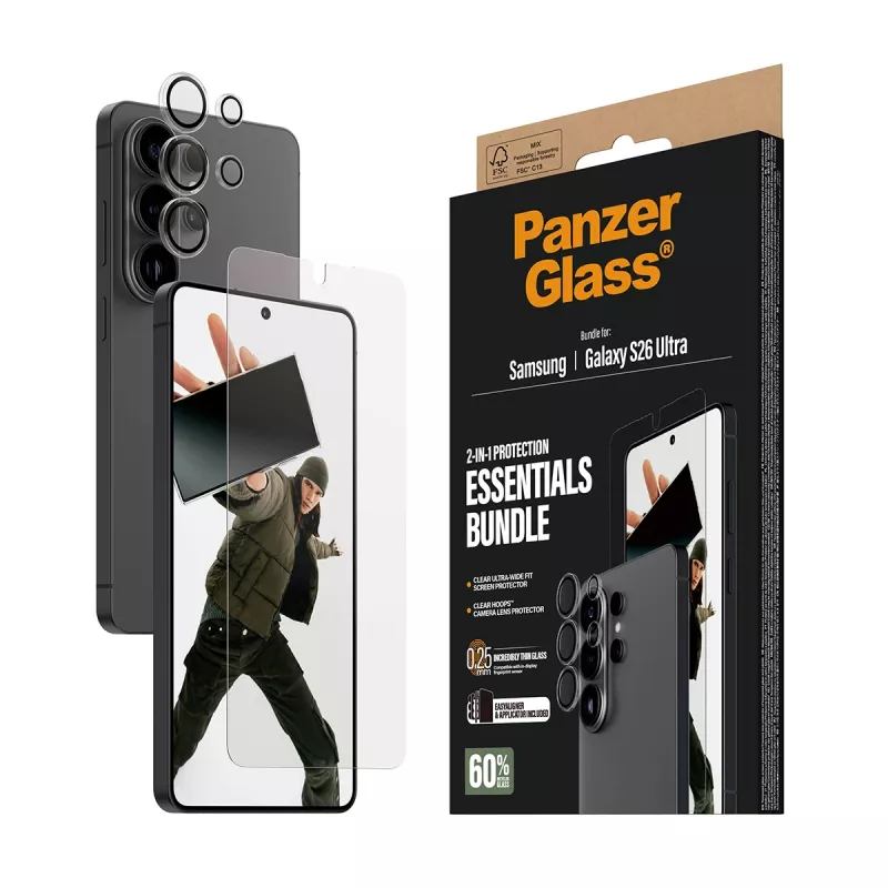 Conjunto de proteção de ecrã PanzerGlass Hoops 2-in-1 para Samsung Galaxy S26 Ultra — vidro temperado + PET, transparente, Ultra-Wide Fit